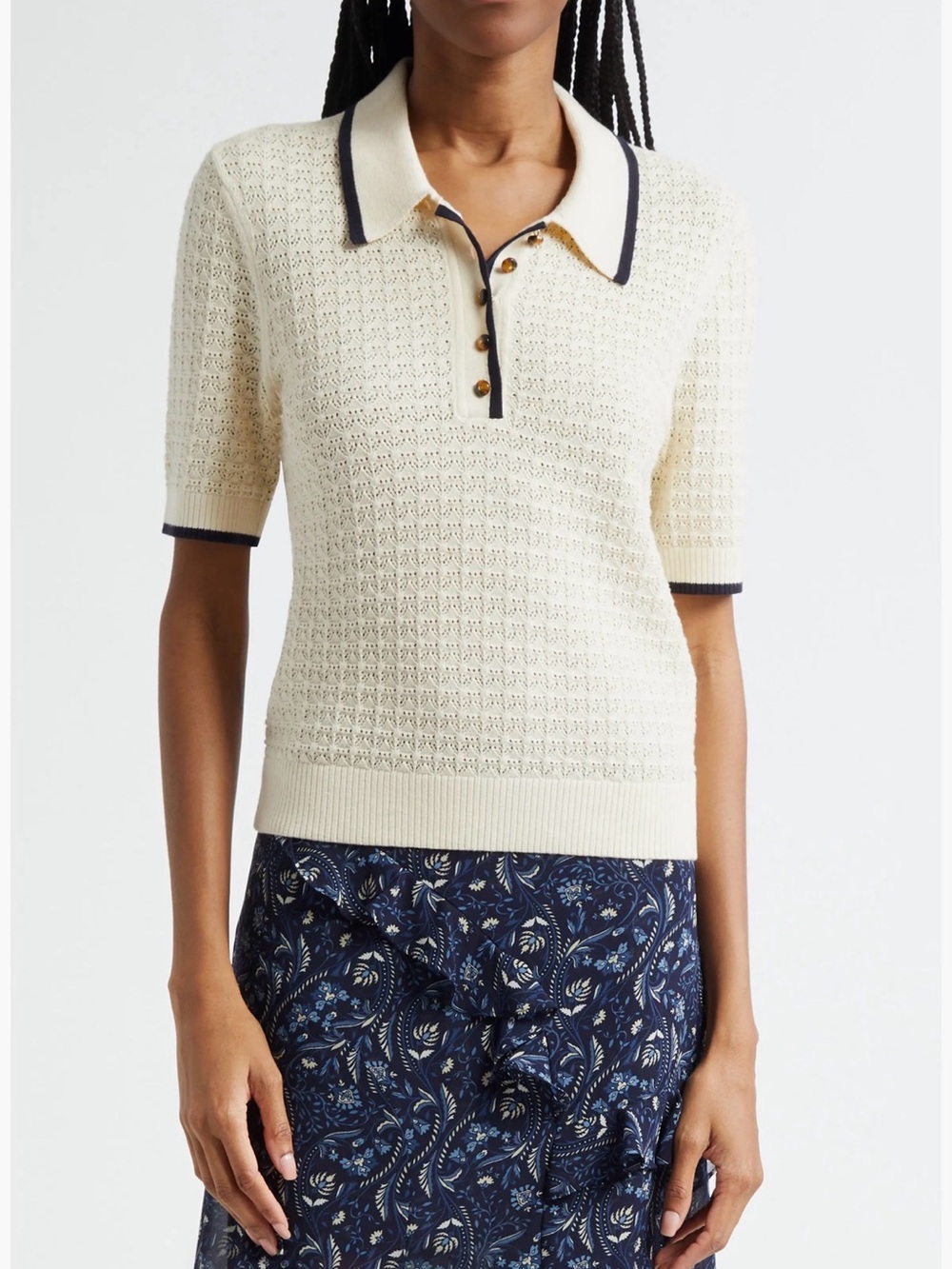 Veronica Beard Cream Knit Polo with Navy Trim